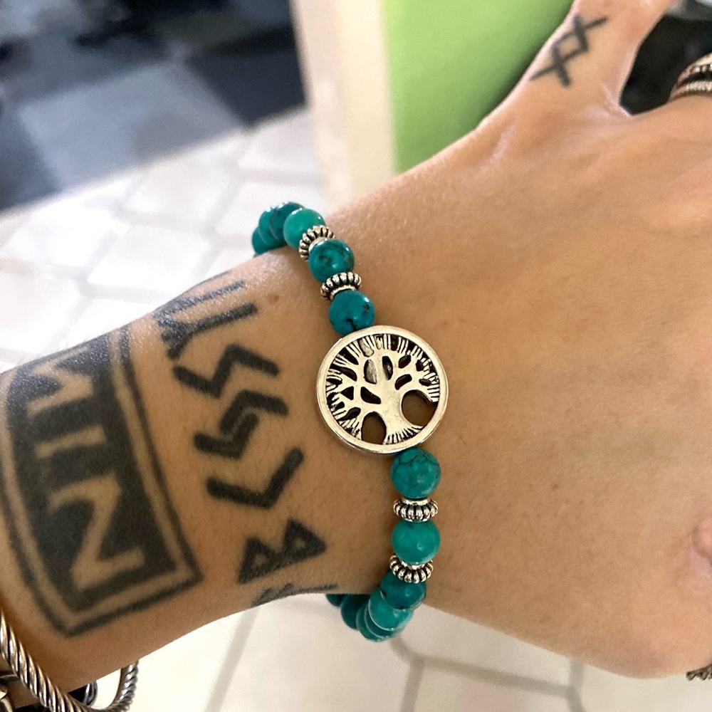 Turquoise 6mm silver tree of life bead bracelet - Picture 5 of 5